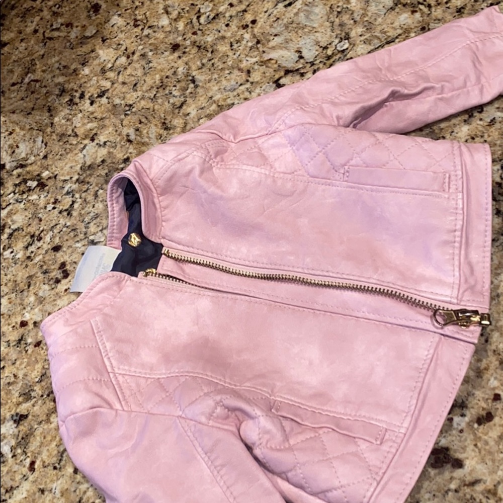 Little girls pink faux leather moto jacket.